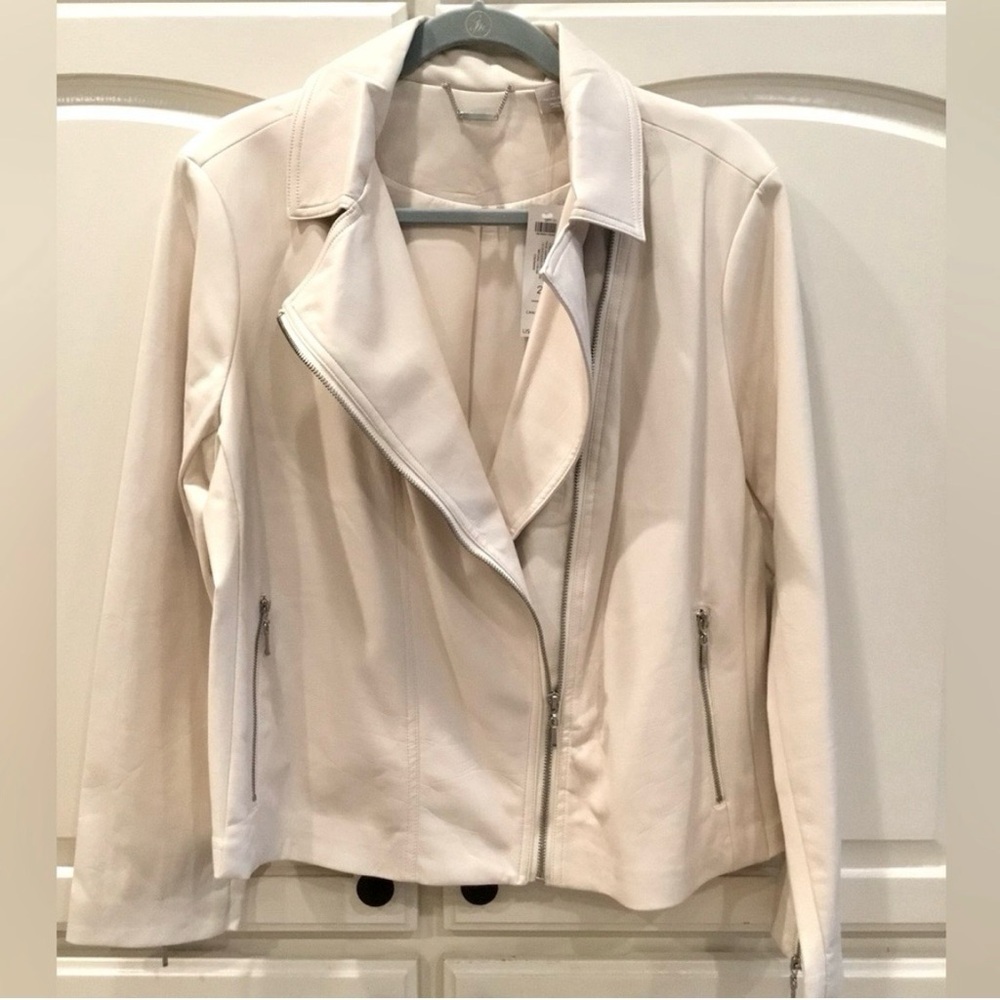 Chico’s Cream Faux Leather Look Moto Jacket Sz 2 (12-14)